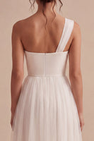 Load image into Gallery viewer, White A-Line Ruched One Shoulder Midi Boho Engagement Dress