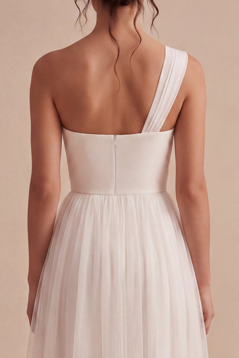 Load image into Gallery viewer, White A-Line Ruched One Shoulder Midi Boho Engagement Dress