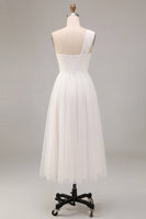 Load image into Gallery viewer, White A-Line Ruched One Shoulder Midi Boho Engagement Dress