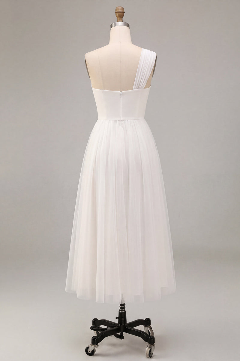 Load image into Gallery viewer, White A-Line Ruched One Shoulder Midi Boho Engagement Dress