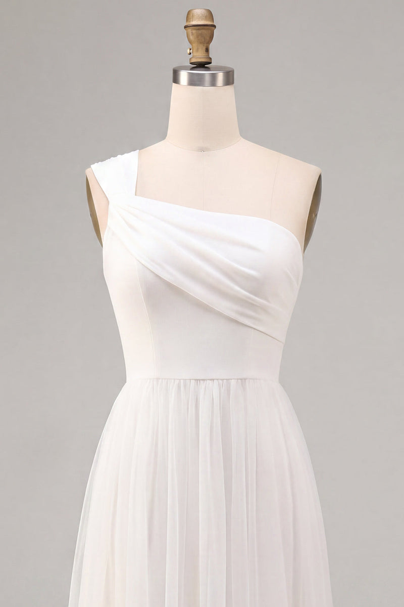Load image into Gallery viewer, White A-Line Ruched One Shoulder Midi Boho Engagement Dress