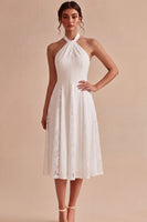 Load image into Gallery viewer, White A-Line Ruched Midi Halter Beach Engagement Dress with Lace