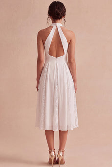 White A-Line Ruched Midi Halter Beach Engagement Dress with Lace