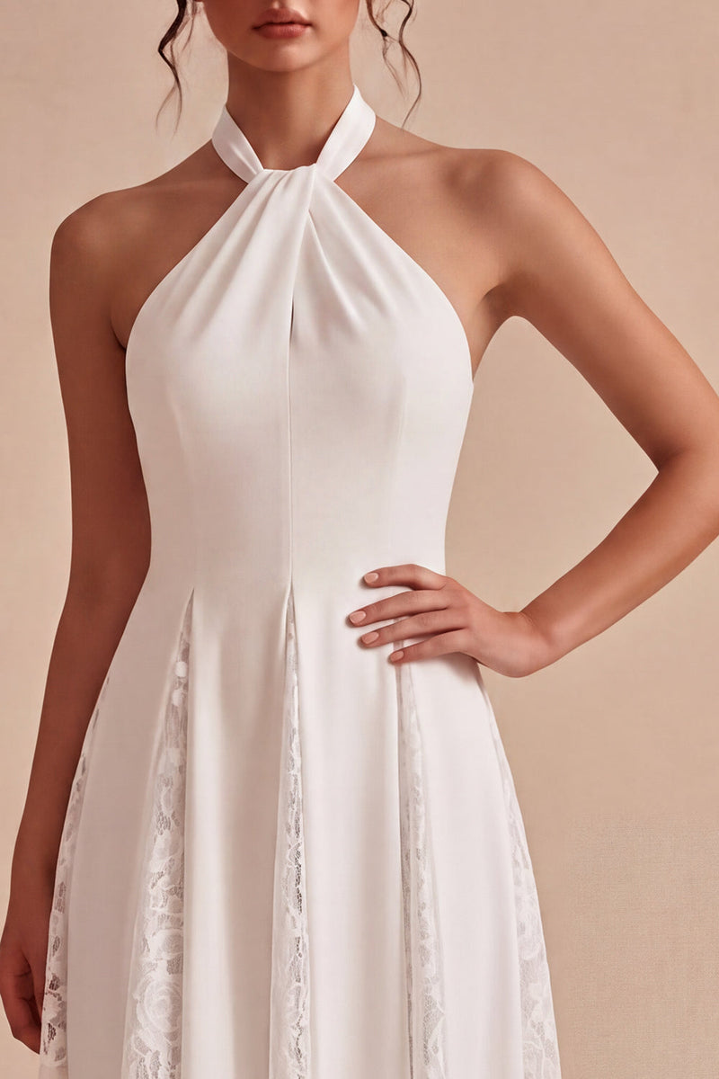 Load image into Gallery viewer, White A-Line Ruched Midi Halter Beach Engagement Dress with Lace