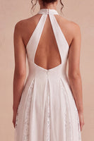 Load image into Gallery viewer, White A-Line Ruched Midi Halter Beach Engagement Dress with Lace