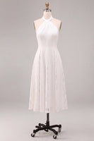 Load image into Gallery viewer, White A-Line Ruched Midi Halter Beach Engagement Dress with Lace