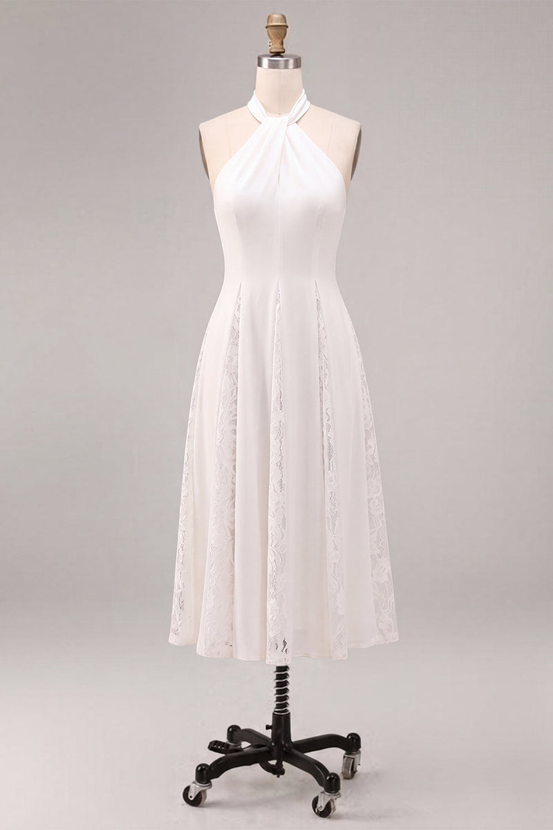 Load image into Gallery viewer, White A-Line Ruched Midi Halter Beach Engagement Dress with Lace