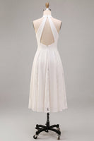 Load image into Gallery viewer, White A-Line Ruched Midi Halter Beach Engagement Dress with Lace