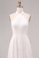 Load image into Gallery viewer, White A-Line Ruched Midi Halter Beach Engagement Dress with Lace