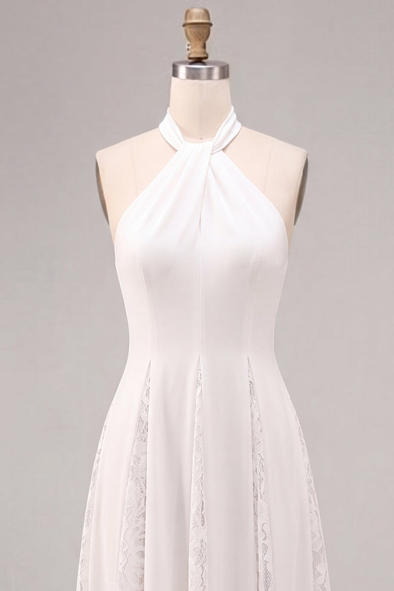 Load image into Gallery viewer, White A-Line Ruched Midi Halter Beach Engagement Dress with Lace