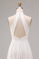 Load image into Gallery viewer, White A-Line Ruched Midi Halter Beach Engagement Dress with Lace