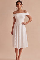 Load image into Gallery viewer, White A-Line Ruched Off the Shoulder Midi Beach Engagement Dress with Lace