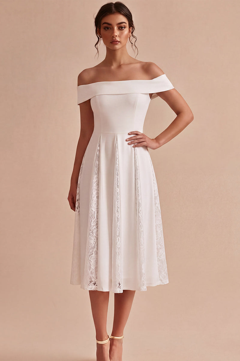 Load image into Gallery viewer, White A-Line Ruched Off the Shoulder Midi Beach Engagement Dress with Lace