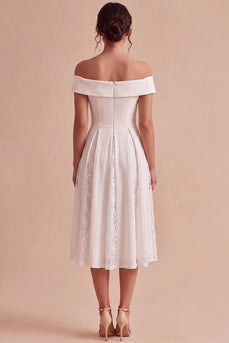 White A-Line Ruched Off the Shoulder Midi Beach Engagement Dress with Lace