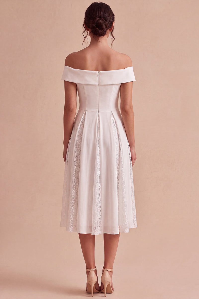 Load image into Gallery viewer, White A-Line Ruched Off the Shoulder Midi Beach Engagement Dress with Lace