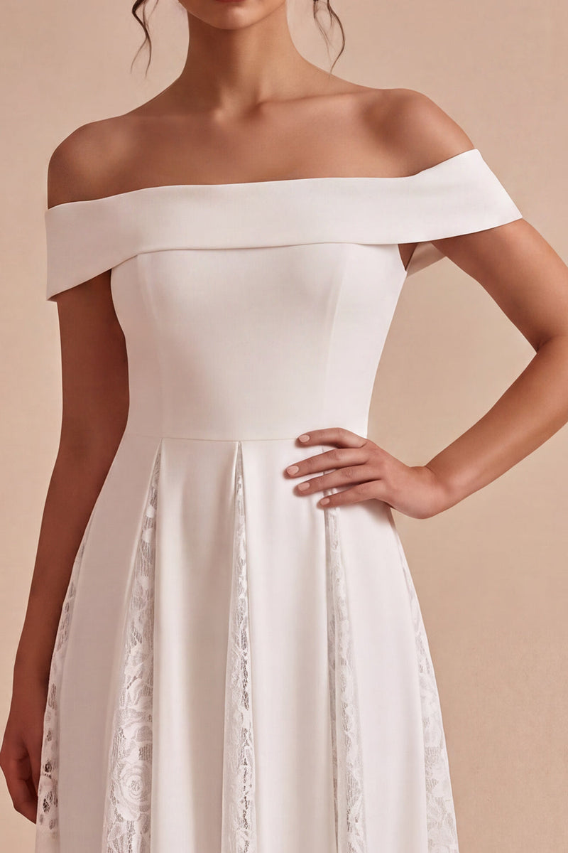Load image into Gallery viewer, White A-Line Ruched Off the Shoulder Midi Beach Engagement Dress with Lace