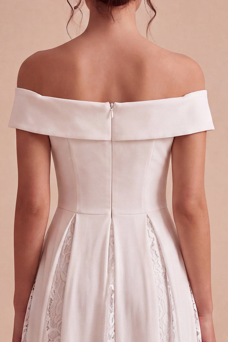 Load image into Gallery viewer, White A-Line Ruched Off the Shoulder Midi Beach Engagement Dress with Lace