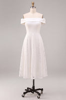 Load image into Gallery viewer, White A-Line Ruched Off the Shoulder Midi Beach Engagement Dress with Lace