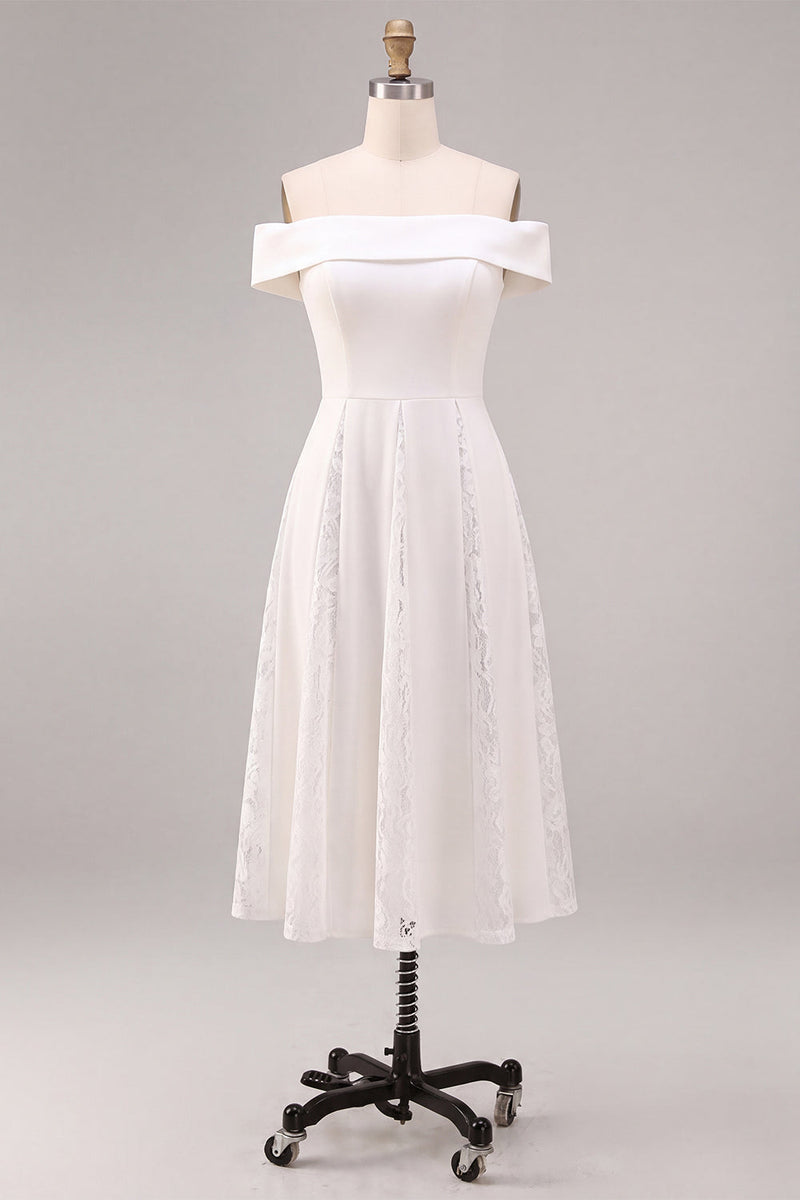 Load image into Gallery viewer, White A-Line Ruched Off the Shoulder Midi Beach Engagement Dress with Lace