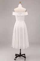 Load image into Gallery viewer, White A-Line Ruched Off the Shoulder Midi Beach Engagement Dress with Lace