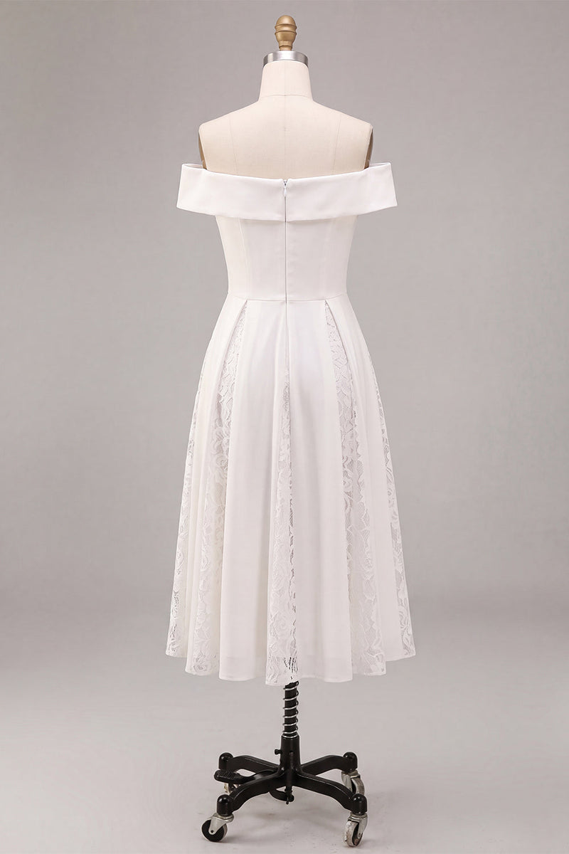 Load image into Gallery viewer, White A-Line Ruched Off the Shoulder Midi Beach Engagement Dress with Lace