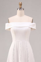 Load image into Gallery viewer, White A-Line Ruched Off the Shoulder Midi Beach Engagement Dress with Lace
