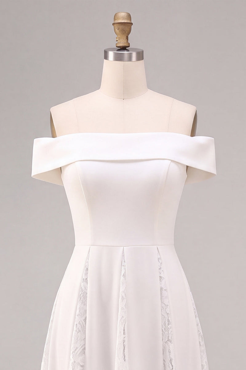 Load image into Gallery viewer, White A-Line Ruched Off the Shoulder Midi Beach Engagement Dress with Lace
