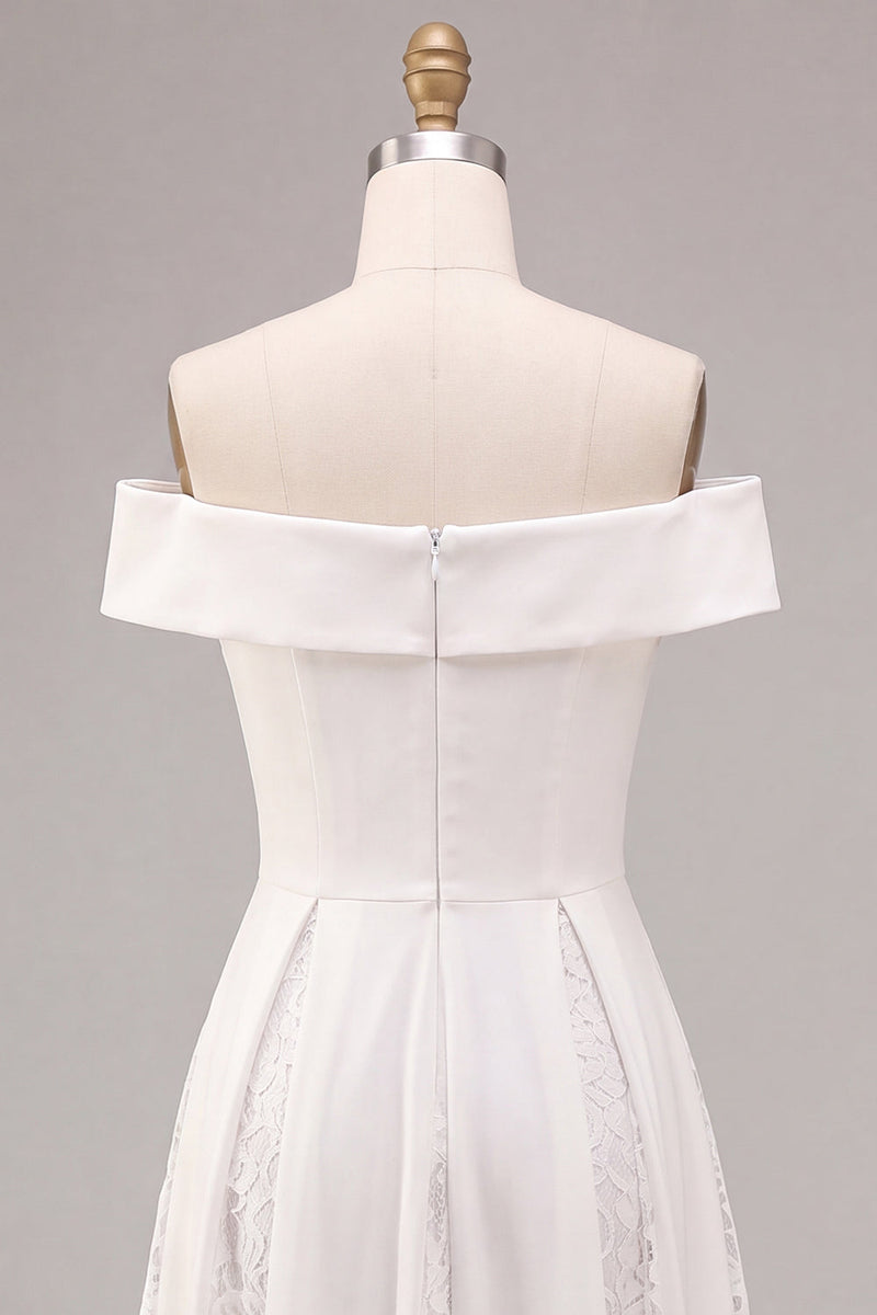 Load image into Gallery viewer, White A-Line Ruched Off the Shoulder Midi Beach Engagement Dress with Lace