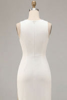 Load image into Gallery viewer, White Satin Round Neck Sheath Long Engagement Dress with Slit