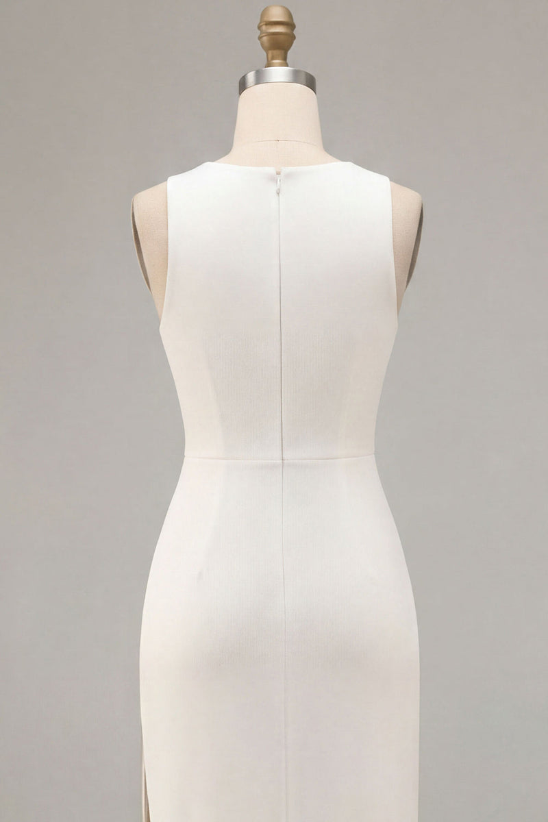 Load image into Gallery viewer, White Satin Round Neck Sheath Long Engagement Dress with Slit