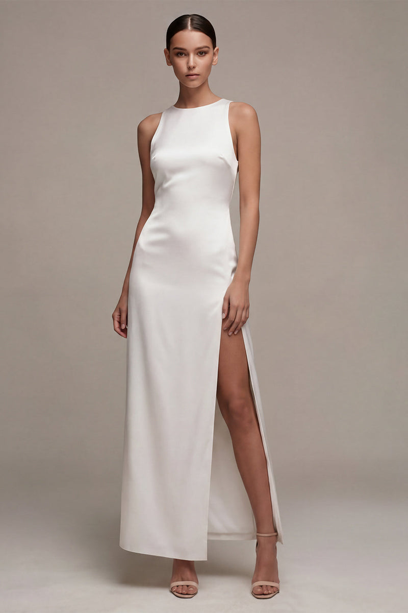 Load image into Gallery viewer, White Satin Round Neck Sheath Long Engagement Dress with Slit