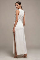 Load image into Gallery viewer, White Satin Round Neck Sheath Long Engagement Dress with Slit