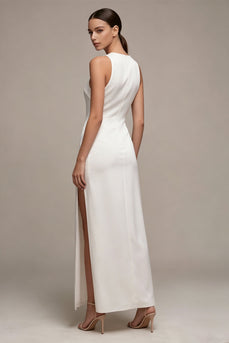 White Satin Round Neck Sheath Long Engagement Dress with Slit