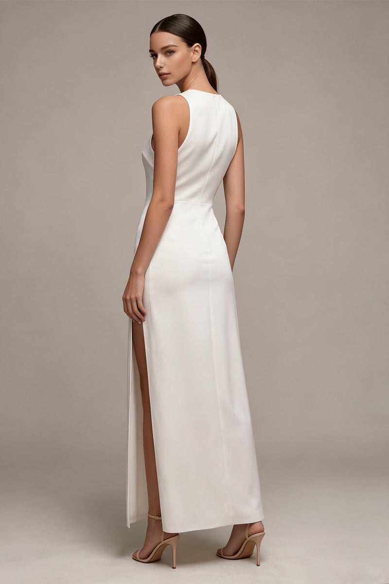 Load image into Gallery viewer, White Satin Round Neck Sheath Long Engagement Dress with Slit