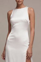 Load image into Gallery viewer, White Satin Round Neck Sheath Long Engagement Dress with Slit