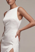 Load image into Gallery viewer, White Satin Round Neck Sheath Long Engagement Dress with Slit