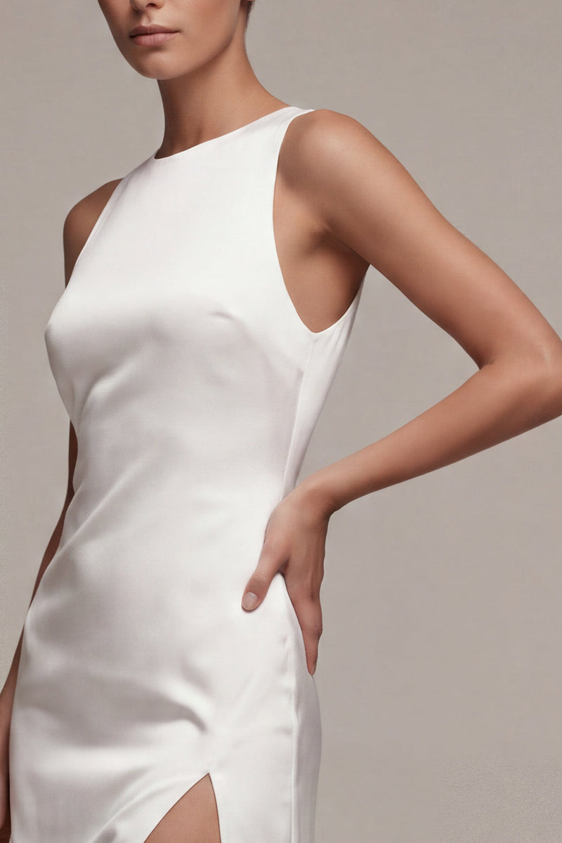Load image into Gallery viewer, White Satin Round Neck Sheath Long Engagement Dress with Slit