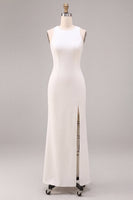 Load image into Gallery viewer, White Satin Round Neck Sheath Long Engagement Dress with Slit