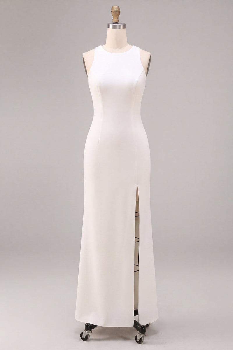 Load image into Gallery viewer, White Satin Round Neck Sheath Long Engagement Dress with Slit