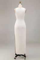 Load image into Gallery viewer, White Satin Round Neck Sheath Long Engagement Dress with Slit