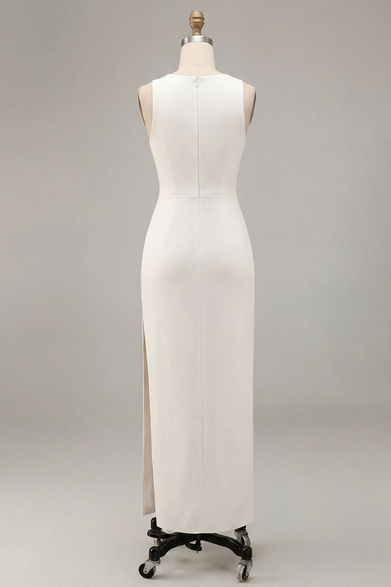 Load image into Gallery viewer, White Satin Round Neck Sheath Long Engagement Dress with Slit
