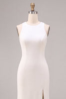 Load image into Gallery viewer, White Satin Round Neck Sheath Long Engagement Dress with Slit