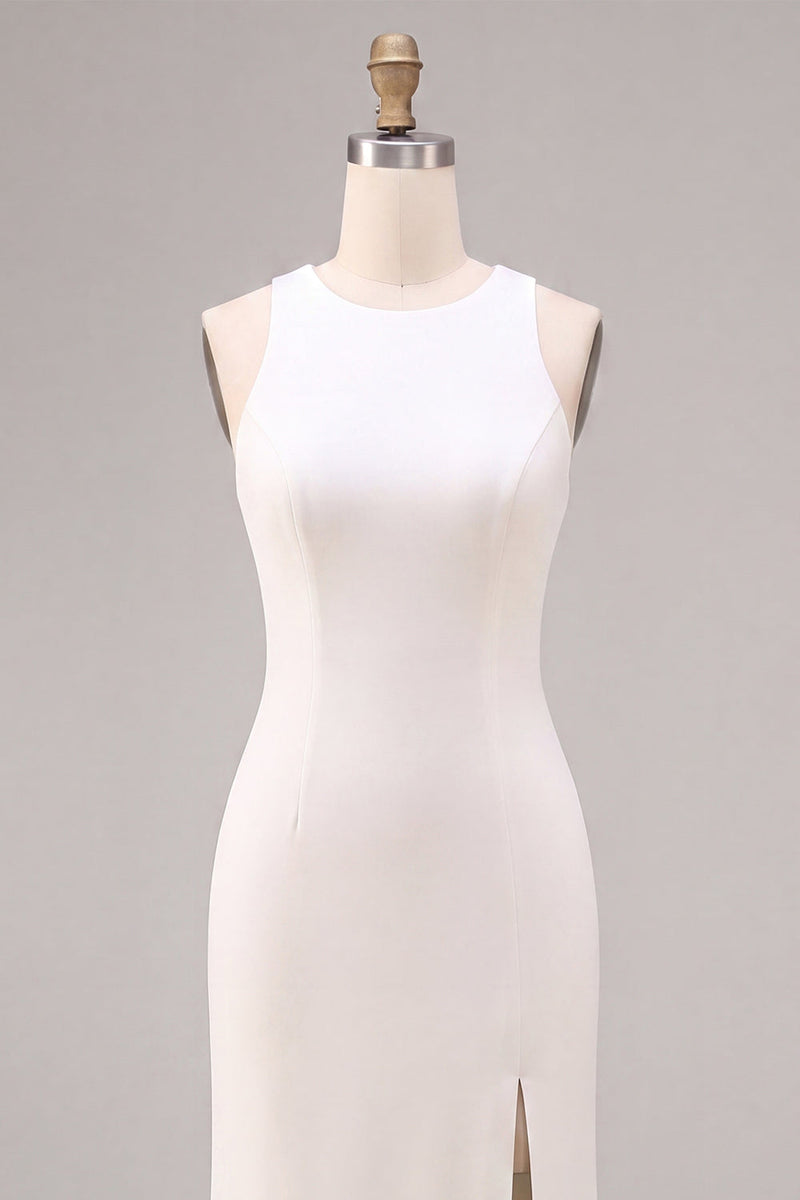 Load image into Gallery viewer, White Satin Round Neck Sheath Long Engagement Dress with Slit