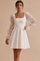 Load image into Gallery viewer, White Lace A-Line Square Neck Puff Sleeves Short Graduation Dress