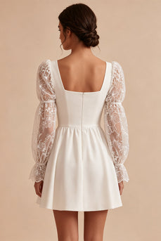 White Lace A-Line Square Neck Puff Sleeves Short Graduation Dress