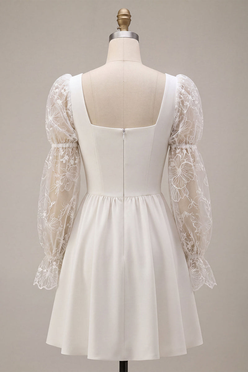 Load image into Gallery viewer, White Lace A-Line Square Neck Puff Sleeves Short Graduation Dress