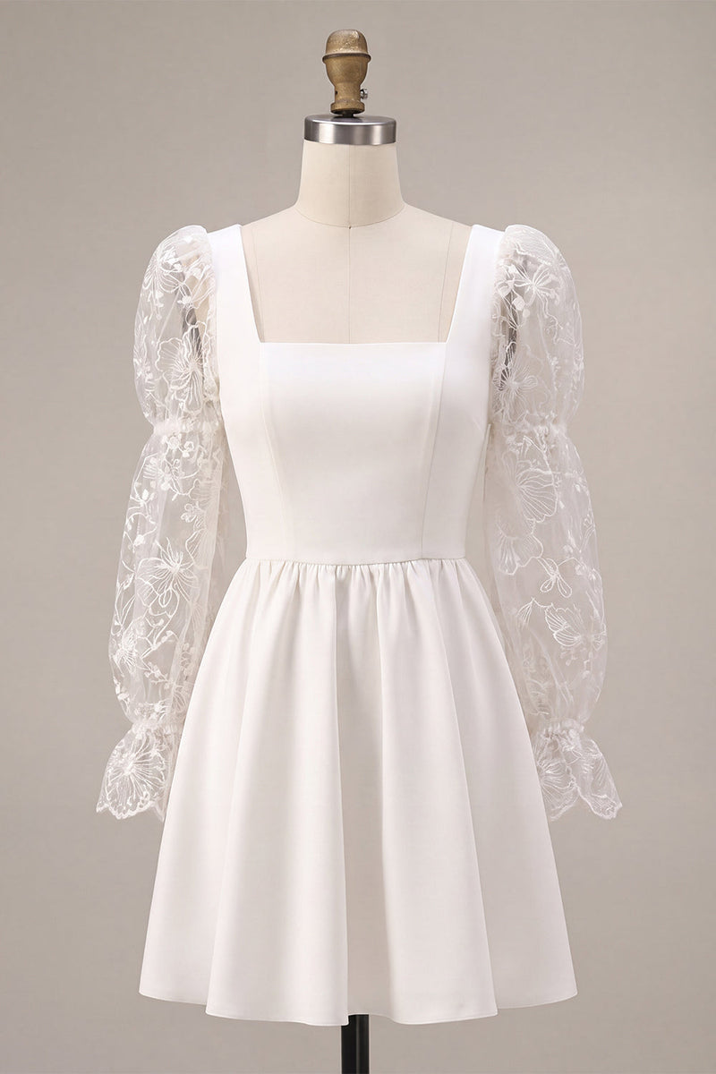 Load image into Gallery viewer, White Lace A-Line Square Neck Puff Sleeves Short Graduation Dress
