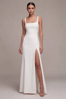 Load image into Gallery viewer, Simple White Mermaid Square Neck Satin Long Engagement Dress with Slit