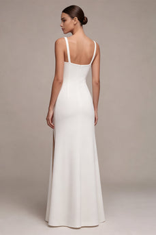 Simple White Mermaid Square Neck Satin Long Engagement Dress with Slit