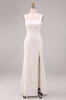 Load image into Gallery viewer, Simple White Mermaid Square Neck Satin Long Engagement Dress with Slit